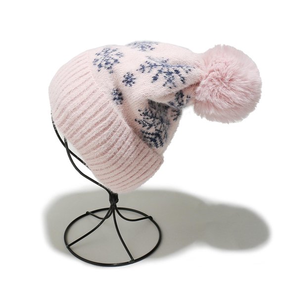 VONCOS Winter Beanie for Women Cute Snowflake Warm Knitted Hats for Outdoor Daily Cold Weather,Pink