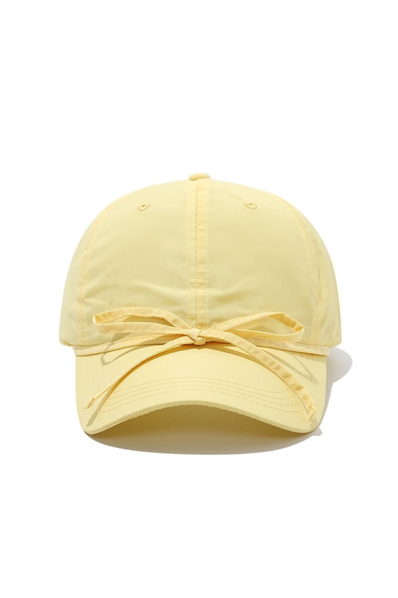 Womens Baseball Cap Cotton Adjustable Sun Hat with Bow Breathable Foldable Soft Yellow Cap for Women