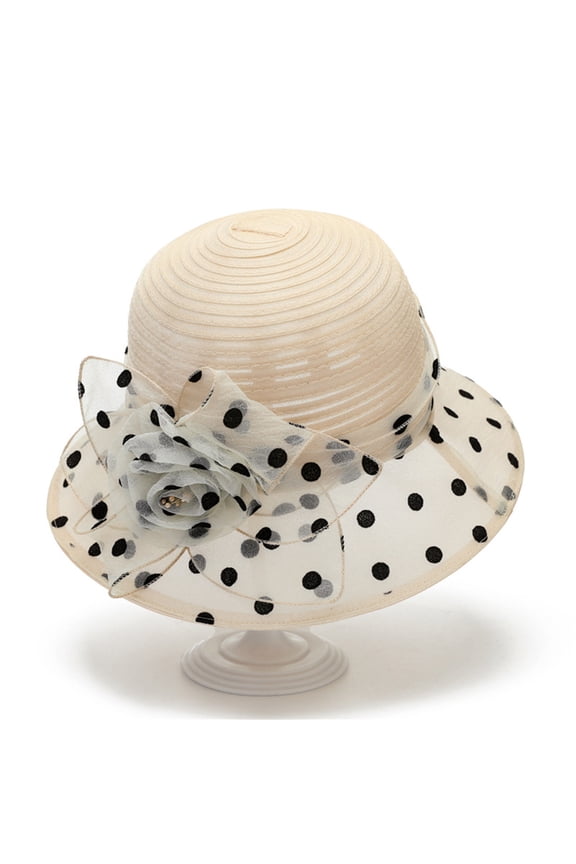 Womens Beige Sun Hat Wide Brim Polka Dot Mesh Floral Cloche Hat Packable Breathable for Beach Garden Party Wedding Travel,Size M