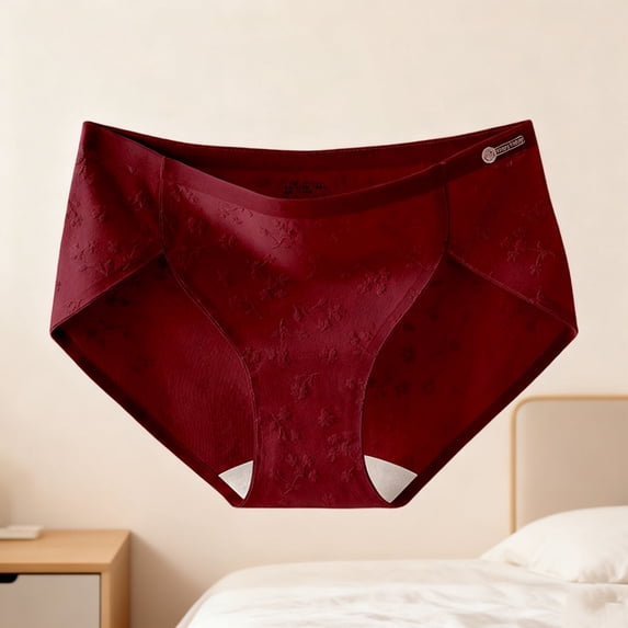 VONCOS Womens Breathable Cotton Panties Seamless No Show Underwear Mid Rise Floral Embossed Red Invisible for Sensitive Skin,Size L