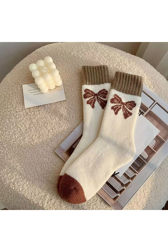 Womens Crew Socks with Bow Design, Stretchy Comfort Knit Socks for Winter, Brown & Off-White, Ribbed Cuff & Reinforced Toe,Size Free Size