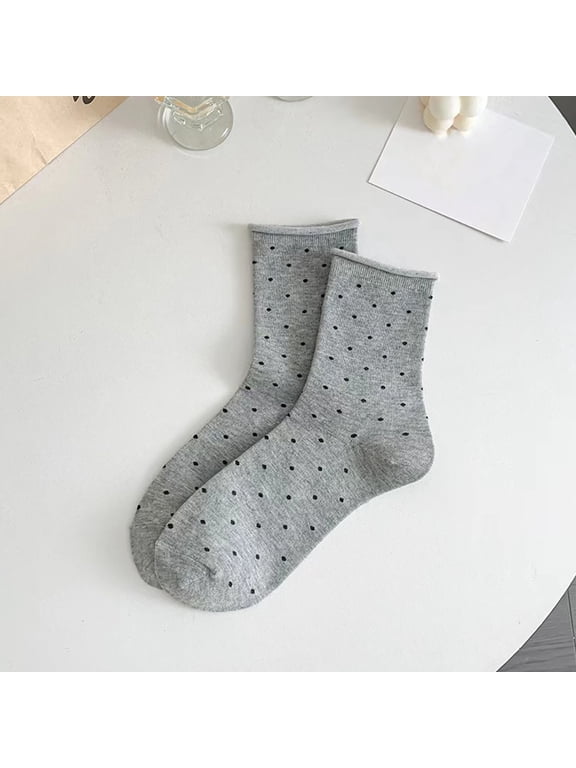 Womens Gray Polka Dot Crew Socks with Dark Gray Dots - Soft Everyday Dot Socks, Stretch Breathable Stay-Up Socks with Ribbed Cuff & Seamless Toe,Size Free Size