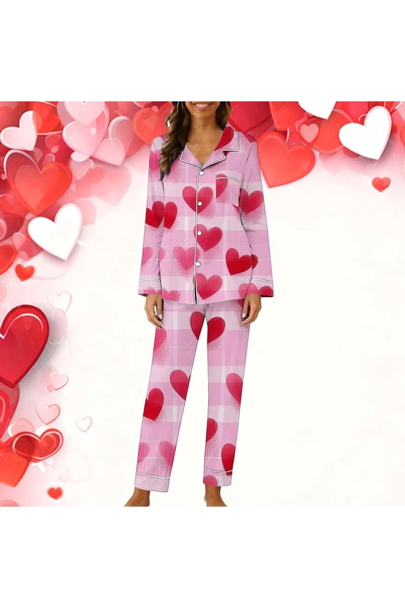 Womens Hot Pink Gingham Pajama Set - Heart Print Long Sleeve Button-Down Loungewear, Soft Breathable Cute Girly Home Sleepwear,Size 2XL