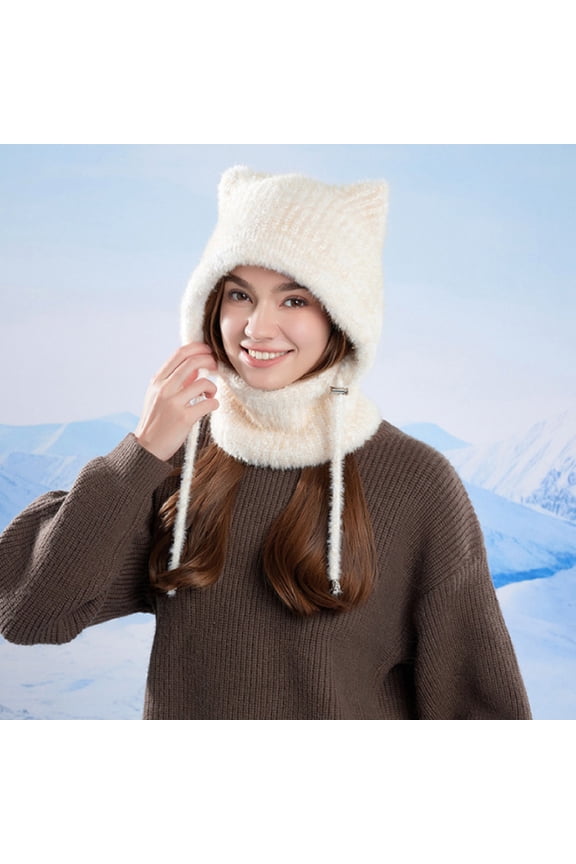 Womens Knit Beanie Plush Warm Winter Hats with Cat Ear Scarf and Face Mask- Perfect for Cold Weather and Commuting,Beige
