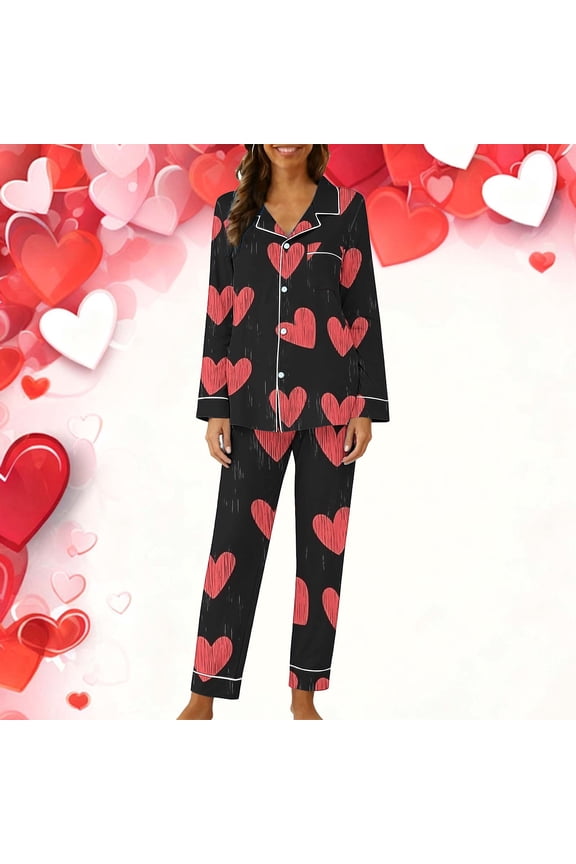 Womens Long Sleeve Button-Down Pajama Set - Black with Pink Hand-Drawn Heart Print, Piped Cuffs & Pockets, Valentine's Day Loungewear,Size 2XL