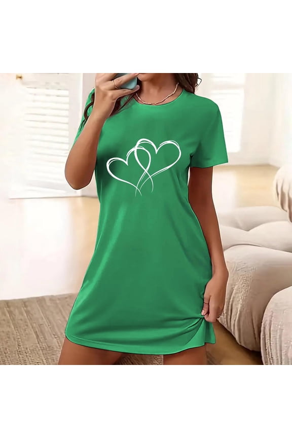 Womens Nightshirt Dress Oversized Lounge Sleep Tee Heart Print Soft Stretchy Short Sleeve Mid Thigh Nightgown Plus Size Green,Size M
