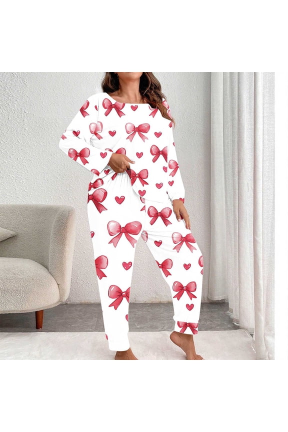 Womens Pink Pajama Set - Watercolor Bow & Heart Print Long Sleeve Loungewear with Elastic Waist Jogger Pants,Size 3XL