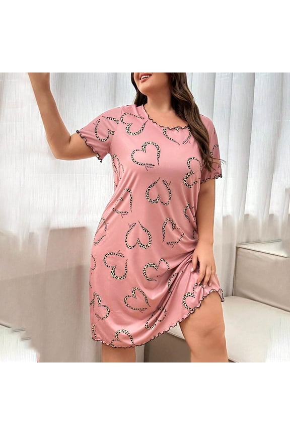 Womens Plus Size Nightgown Pink Leopard Heart Print Soft Stretchy Sleep Dress with Ruffle Trim for Women 1X-5X,Size 3XL