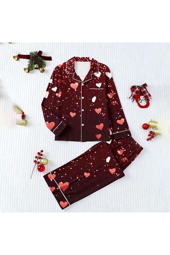 Womens Red Heart & Star Print Long Sleeve Pajama Set - Button-Down Collar, Elastic Waist Pants with Pockets, Soft Breathable Holiday Loungewear,Size S