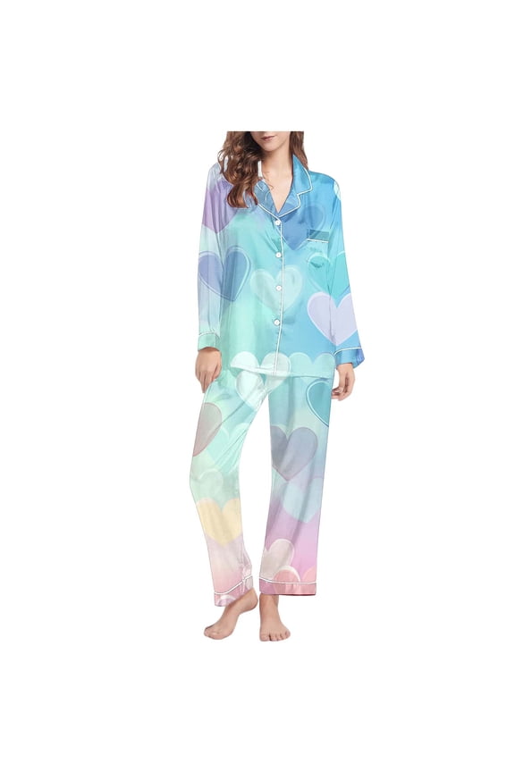 Womens Satin Heart Print Pajama Set - Long Sleeve Long Pants Multicolor Gradient Macaron, Button-Down Lapel Soft Loungewear Sleepwear for Women,Size S