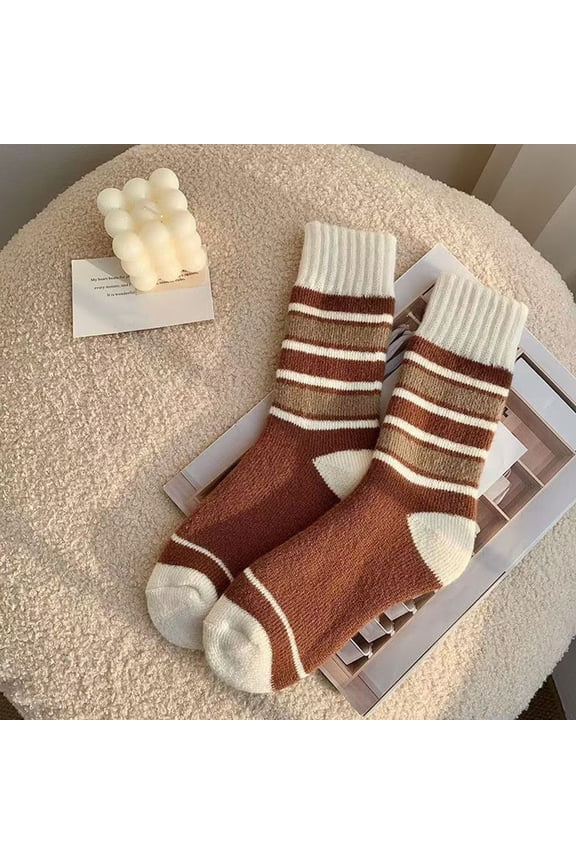 Womens Striped Crew Socks, Brown Cream Retro Vintage Style, Soft Stretchy Nylon Spandex, Reinforced Heel Toe, Fall Winter Everyday Socks,Size Free Size