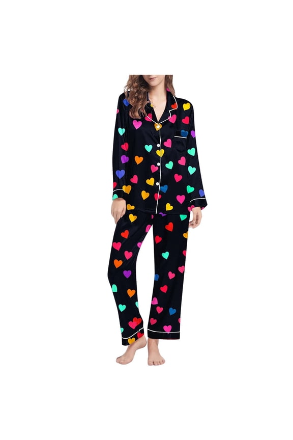 Womens Velvet-Like Pajama Set - Black with Colorful Heart Print, Button Down Lapel Collar Sleepwear with Pockets for Lounge & Sleep,Size L