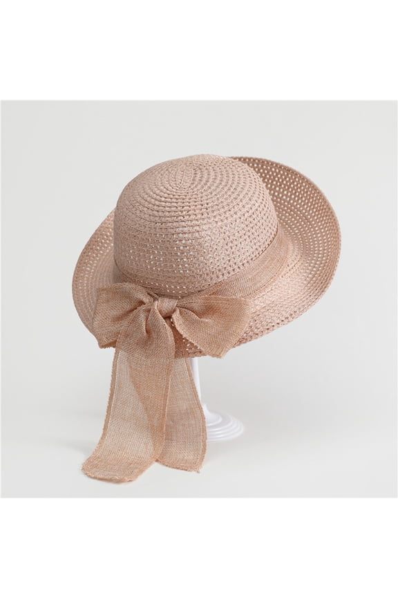 Womens Wide Brim Sun Hat Floppy with Bow, Foldable Packable Woven Beach Hat for Women Travel, Straw Style Sun Hat for Outdoor, Pink,Size M