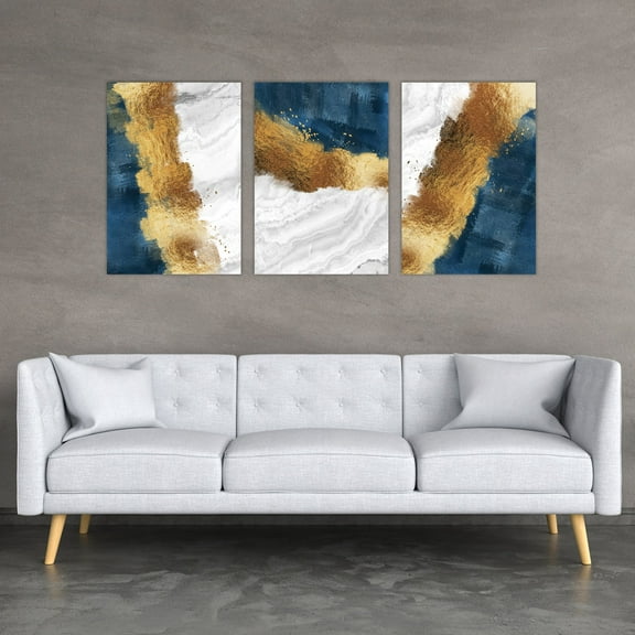 abstract marble texture wall art resin geode painting gold, blue and white set of 3 16x24inch each panel canvas stretched on wood frame