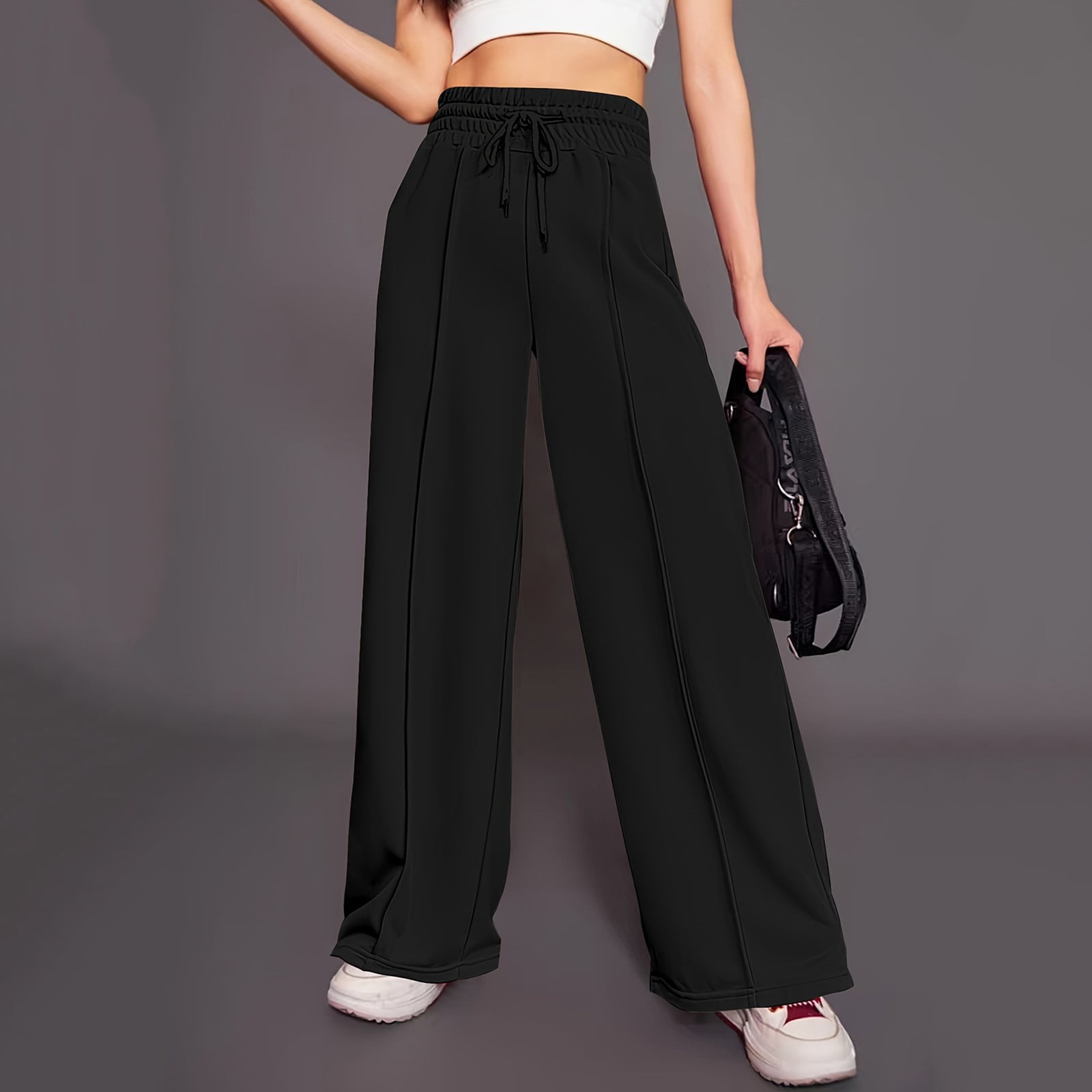 absuyy Athletic Pants For Women High Rise Full Length Wide Leg Solid