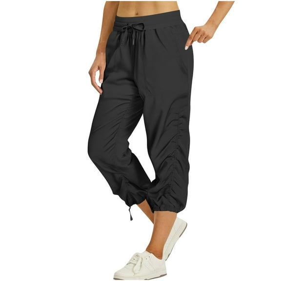 absuyy Capri Sports Pants for Women High Waisted Wide Leg Summer Cargo Pants Cropped Workout Trousers with Pockets Black L