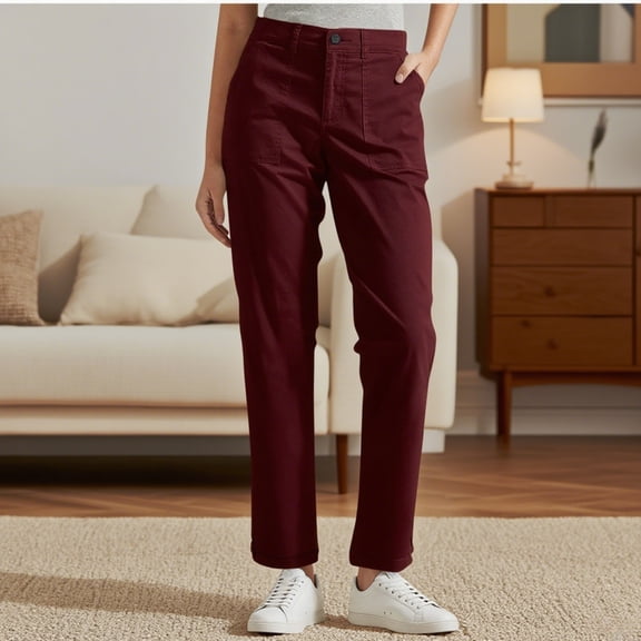 absuyy Cargo Pants for Women Elastic High Waist Khaki Pants with Pockets Fall Winter Casual Work Trouser Red 3XL