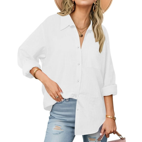absuyy Collar Shirt for Woman Long Sleeve with Pockets Tunic Tops Lapel Spring White Button Down Shirts for Women Size M
