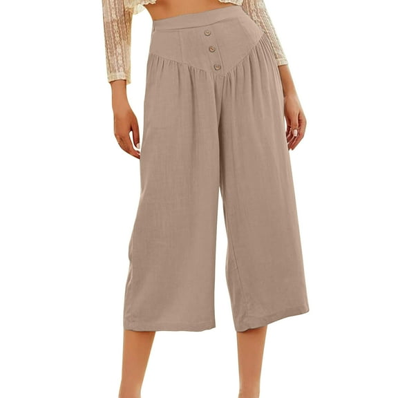 absuyy Cotton Linen Capri Pants for Women High Waisted Wide Leg Summer Palazzo Pants Baggy Cropped Trousers with Pockets Brown M