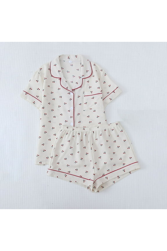 Cozy Women's Red Cherry Print Pajama Set - 100% Polyester, Button-Front Top & Elastic Shorts, Affordable Loungewear for Sleep & Lounging, Wrinkle-Resistant, S-XL