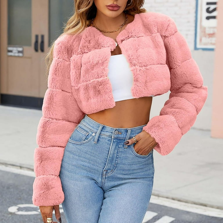 absuyy Faux Fur Jacket for Women Solid V-neck Warm Winter