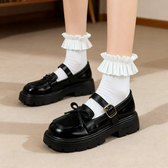 absuyy Girls Black Mary Jane Loafers Chunky Sole School Shoes with Bow & Buckle Waterproof Casual Flats for Kids US Sizes 9.5-2.5,Size 9-9.5T