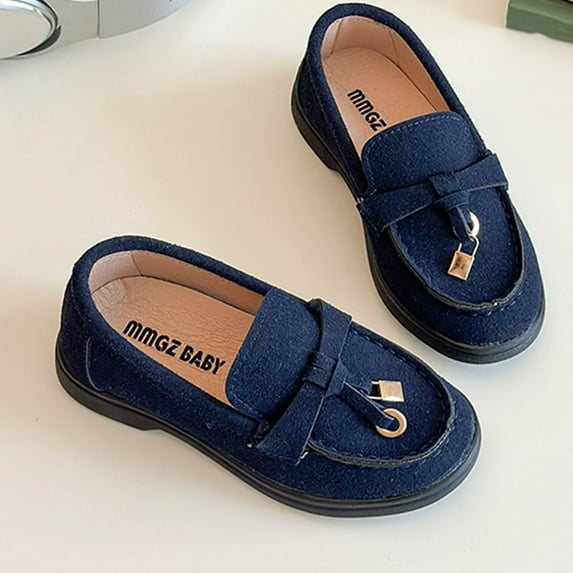 absuyy Girls Casual Loafers Slip On Shoes for School & Everyday, Navy Blue Faux Suede with Metal Charm, Comfortable Flats for Kids Little Big Kids (Sizes 7-2.5),Size 11.5