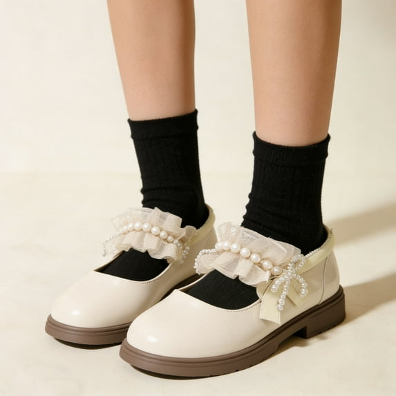 absuyy Girls Mary Jane Dress Shoes Casual Chunky Sole Pearl Lace Accents Flats for School Party ,Beige Size 4-4.5T