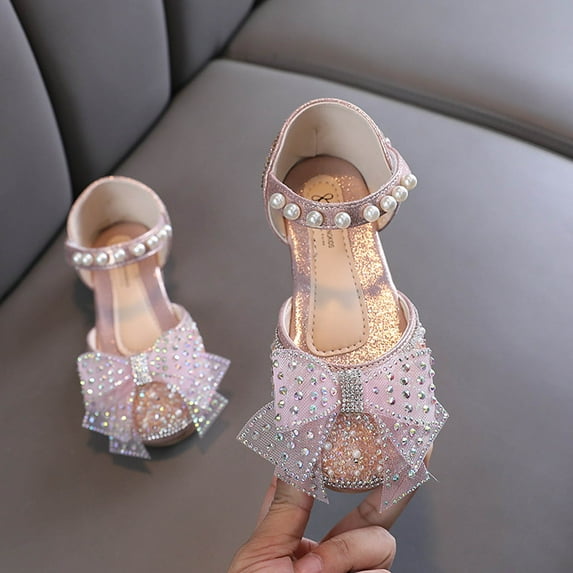 absuyy Girls Dress Shoes Sparkly Mary Jane Flats Rhinestone Bow Pearl Strap for Party Wedding Adjustable Pink,Size 7 T