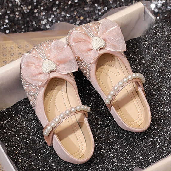 absuyy Girls Dress Shoes Sparkly Mary Jane Flats with Rhinestones Pearl Bow Adjustable Strap Soft Sole for Party Wedding, Pink (US 8 Kids to 2 Big Kid),Size 9.5 M