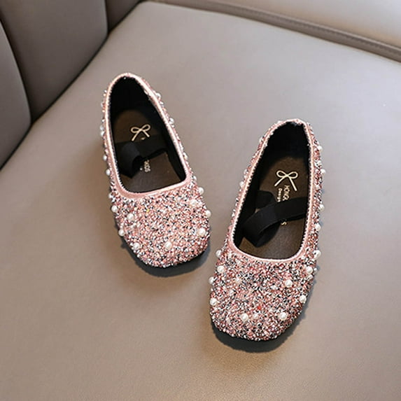 absuyy Girls Pink Sparkly Ballet Flats | Rhinestone Dress Shoes for Kids | Kids Little Girl Party Wedding Shoes Slip-On Soft Sole | Sizes 5-10 Youth,Size 2 T