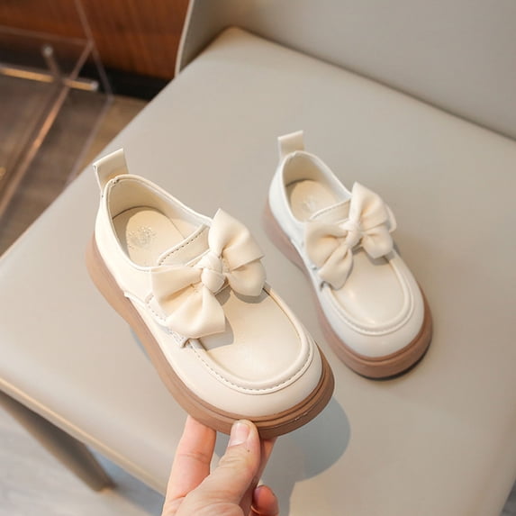 absuyy Girls Platform Loafers with Bow Beige School Shoes Slip-On Synthetic Faux Leather for Kids to Youth (Size 8C-3Y),Size 33