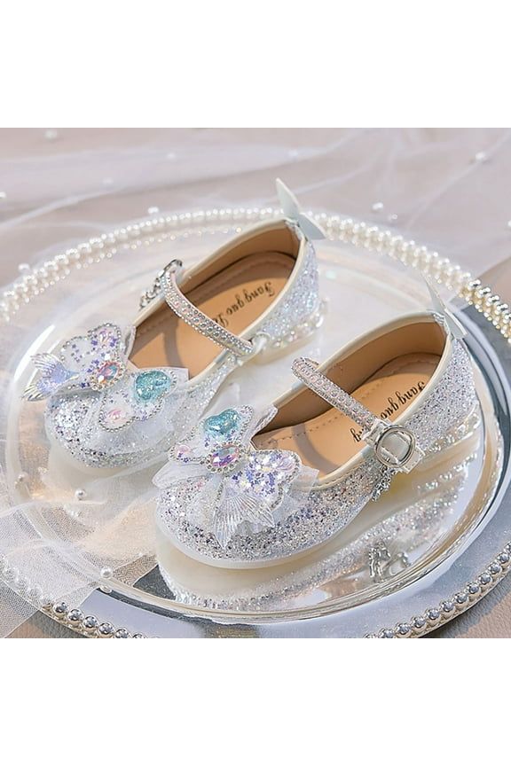 Girls Sparkly Mary Jane Shoes White, Glitter Dress & Party Shoes with Adjustable Buckle & Bow, Low Heel, US Sizes 8.5-4.5,Size 30