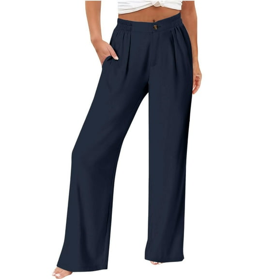 absuyy High Wasited Pants for Women Wide Leg Dress Pants Button Pockets Casual Trousers 2025 Blue L