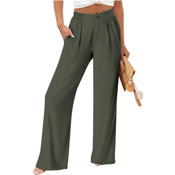 absuyy High Wasited Pants for Women Wide Leg Dress Pants Button Pockets Casual Trousers 2025 Green L