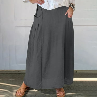 absuyy Skirts for Women Long with Pockets Elastic Waistband Pleated Casual Solid Color Maxi Skirt Dark Gray Size 3XL