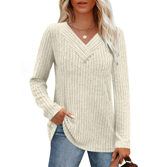 absuyy Long Sleeve Knit Tops for Women Fall Winter V-Neck Casual Lightweight Pullover Sweaters
