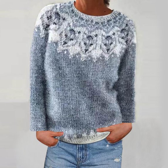 absuyy Pullover Sweater Tops Knitted Long Sleeve Casual Printed Round Neck Winter Warm Sweaters for Women Light Blue Size L