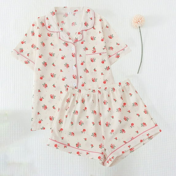 absuyy Red Floral Women's Pajama Set - Short Sleeve Button-Up Top & Elastic Waist Shorts, Cute Vintage Loungewear, Polyester, Size S