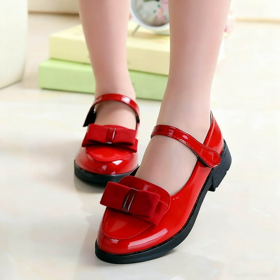absuyy Red Mary Jane Shoes for Girls, Patent Faux Leather Dress & Party Flats with Bow, Adjustable Strap for Little & Big Kids, Non-Slip Sole,Size 10.5-11T
