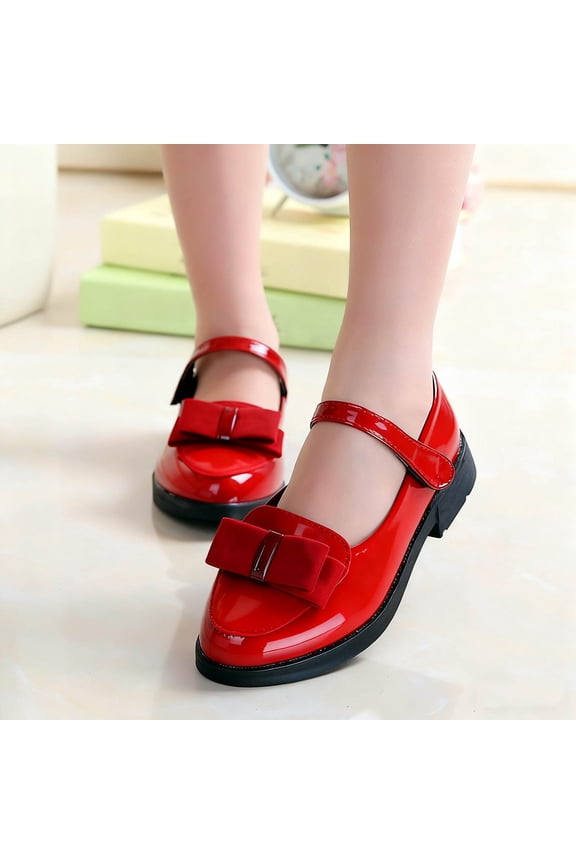 Red Mary Jane Shoes for Girls, Patent Faux Leather Dress & Party Flats with Bow, Adjustable Strap for Little & Big Kids, Non-Slip Sole,Size 8.5-9T