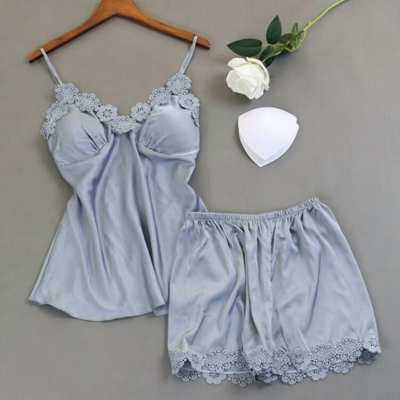 absuyy Satin Lace Women's Camisole & Shorts Set - Loungewear Sleepwear, 100% Polyester, Wrinkle-Resistant - Size S, Gray