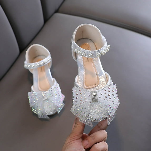 absuyy Sparkly Mary Jane Flats for Girls | Dress Shoes with Rhinestone Bow & Pearl Ankle Strap | Party Wedding Silver Kids,Size 7 T
