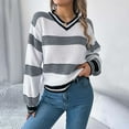 thumbnail image 1 of absuyy Striped Sweaters for Women Warm V-Neck Fall Winter Knit Sweaters Long Sleeve Warm Pullover Tops 2025, 1 of 5