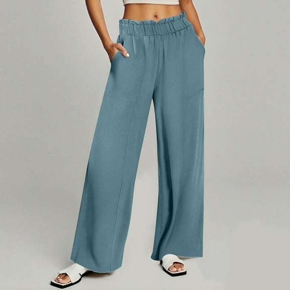 absuyy Summer Pants for Women 2025 High Waisted Palazzo Pants Wide Leg Cotton Linen Blend Trousers with Pockets Blue L