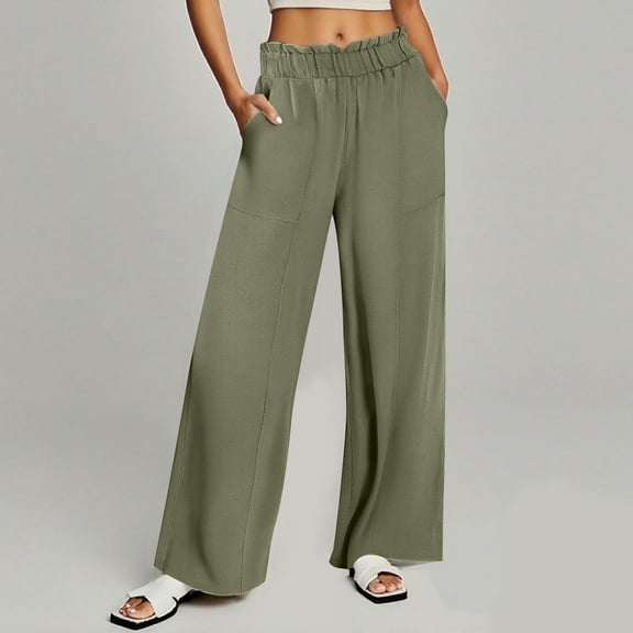 absuyy Summer Pants for Women 2025 High Waisted Palazzo Pants Wide Leg Cotton Linen Blend Trousers with Pockets Green L
