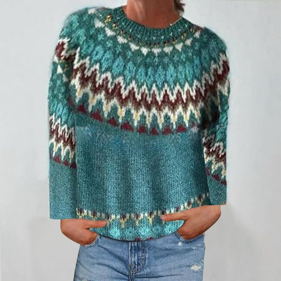 absuyy Sweaters for Women Clearance Casual Printed Winter Warm Long Sleeve Round Neck Knitted Sweaters for Women Blue Size S