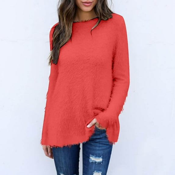absuyy Sweaters for Women Clearance Fashion Winter Loose Long Sleeve Casual Pullover Crewneck Sweater Top Red Size M