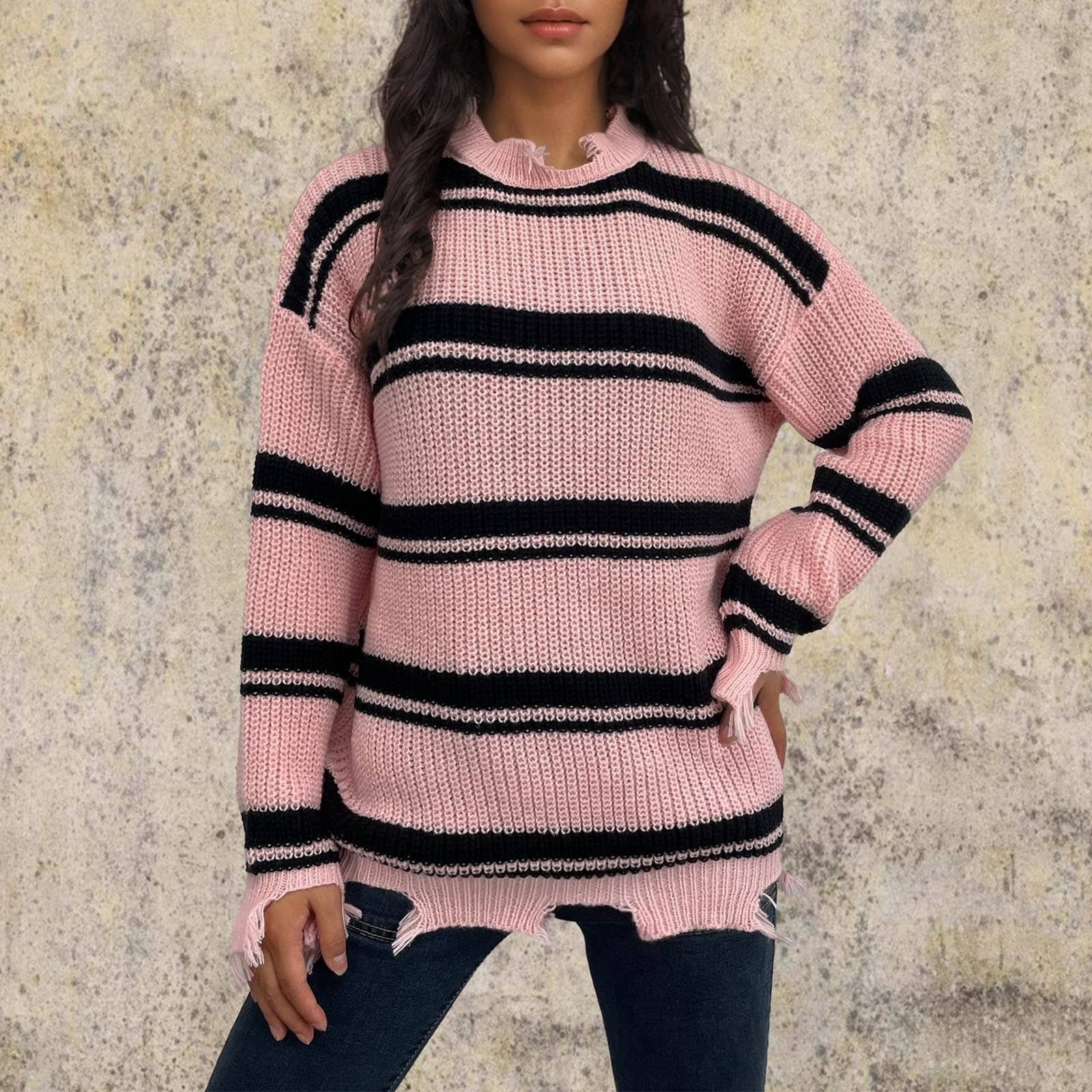 Rolled Edge Round Neck Pullover Sweater Women's Soft Loose Fit Knit Top