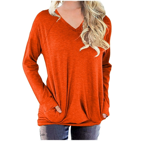 absuyy Sweatshirts for Women Loose Fit Casual Solid Color Oversized Tshirts With Pockets V Neck Long Sleeve Blouse Orange Size M